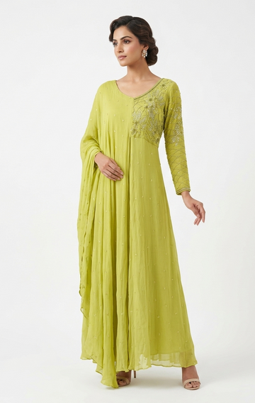 Olive Lime Georgette Asymmetric Anarkali Gown with Intricate Hand-Embroidery