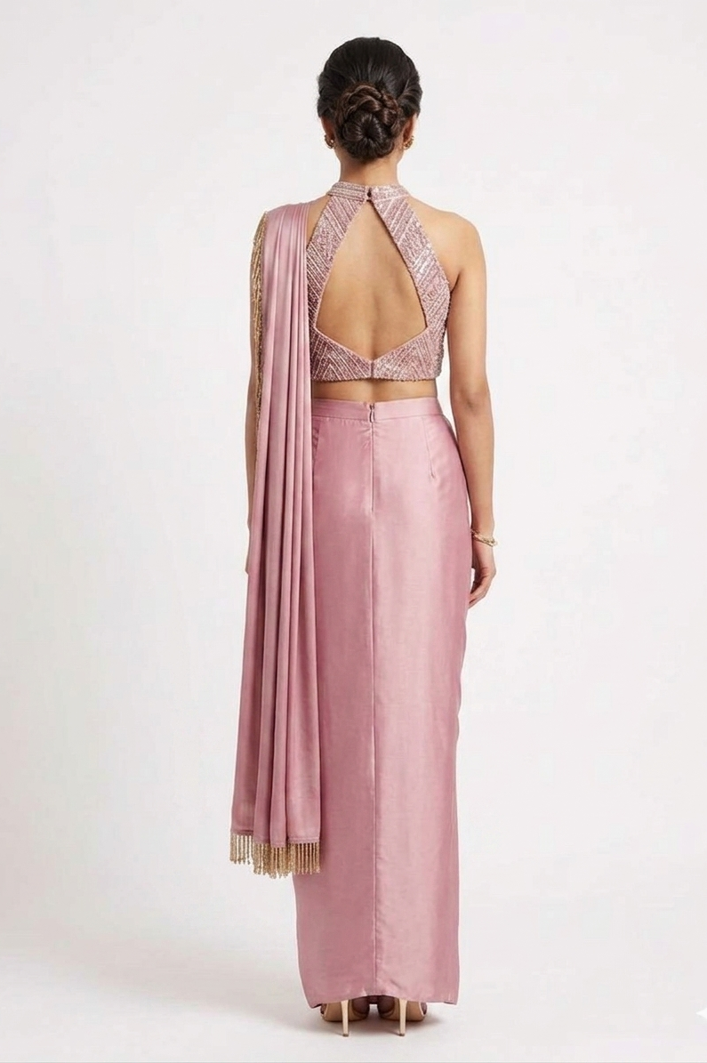 Dusty Rose Concept Saree featuring Architectural Cowls and Gold Bead Fringe