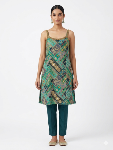 Teal and Green Patchwork Print Embroidered Kurta Set