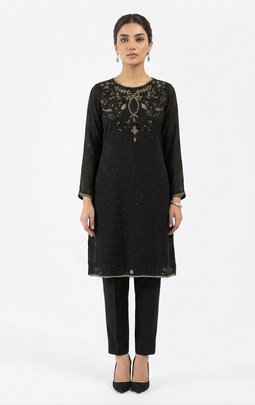 Embroidered Chiffon Kurta Set in Classic Black