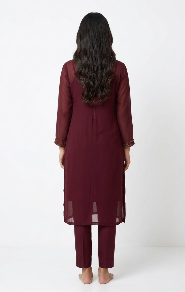Regal Burgundy Georgette Straight Kurta Set with Geometric Neckline Embroidery