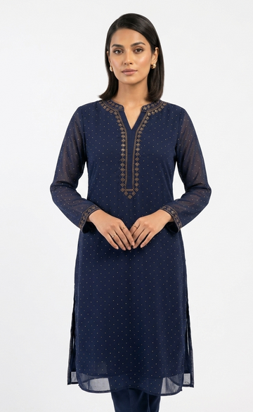 Elegant Navy Blue Georgette Kurta with Embroidered Neckline