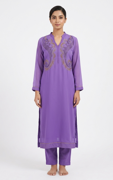 Elegant Violet Georgette Straight Kurta Set with Intricate Paisley Neckline Embroidery