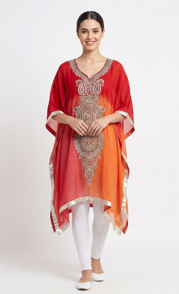 Red & Orange Gradient Embroidered Kaftan Kurta Set