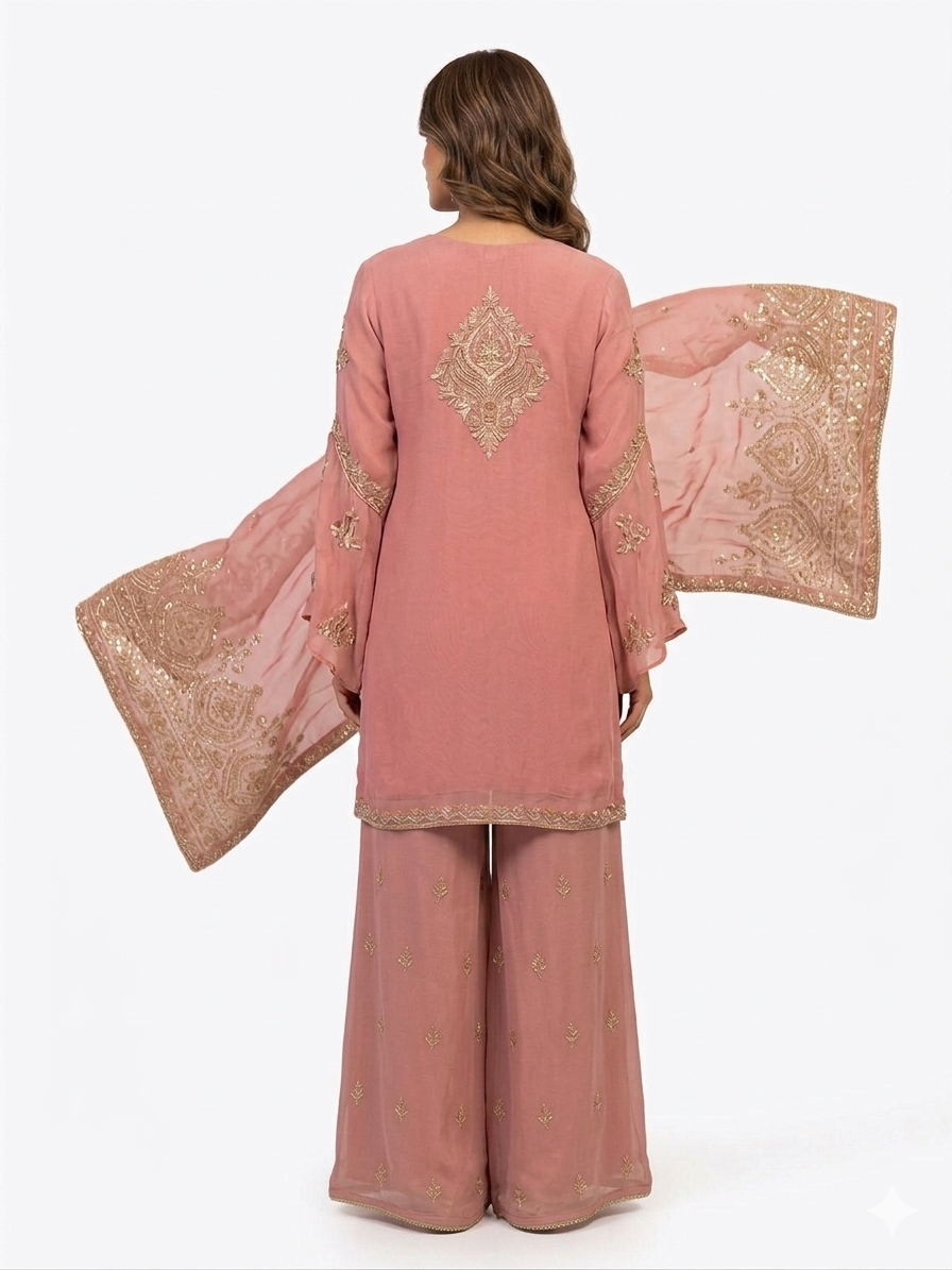 Rose Pink Georgette Kurta Set with Delicately Embroidered Gharara and Dupatta