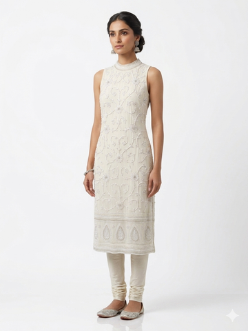 Ivory Floral Embellished Sleeveless Kurta & Churidar Set