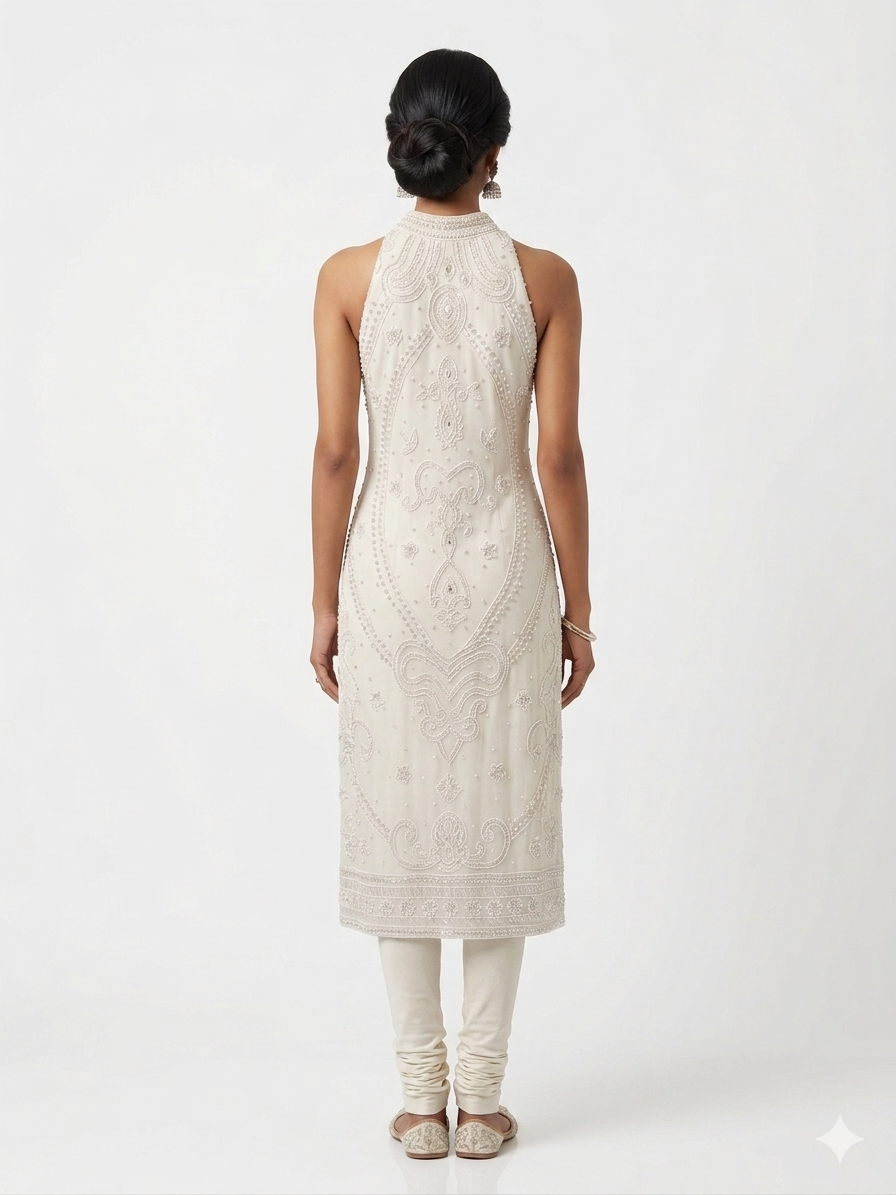 Ivory Ornamental High-Neck Embellished Kurta & Churidar Set
