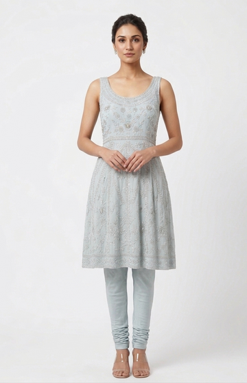 Icy Blue Intricately Embroidered Sleeveless Kurta Set