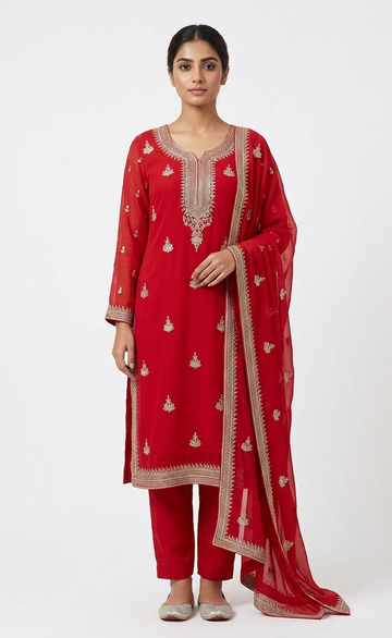 Crimson Red Georgette Embroidered Kurta Set with Matching Zari-Border Dupatta