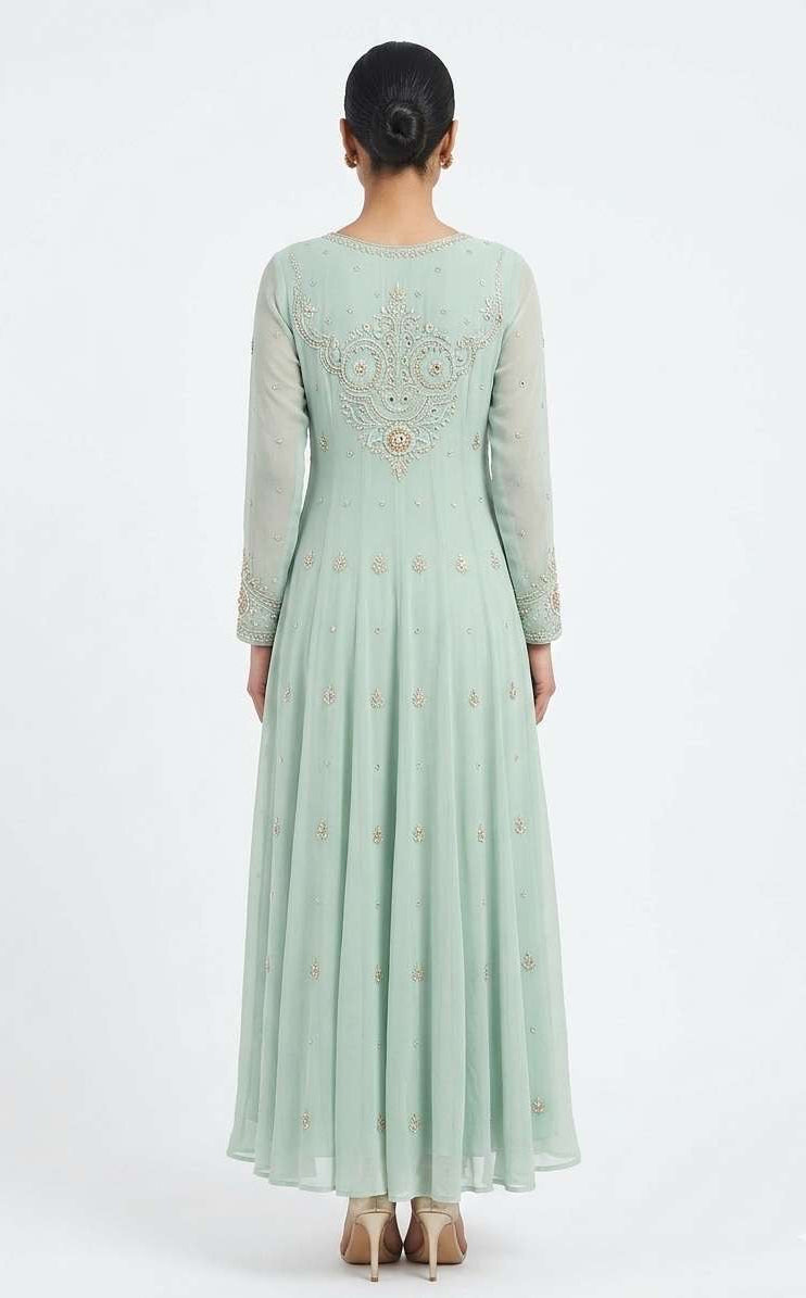 Seafoam Green Floor-Length Kalidaar Kurtis with Ornate Yoke