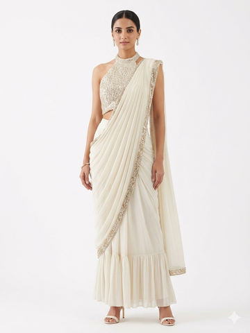 Alabaster Halter-Neck Indowestern Ensemble with Crystalline Beadwork