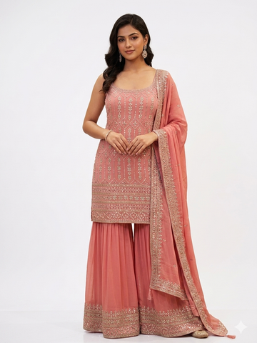 Peach Embroidered Georgette Sharara Suit Set