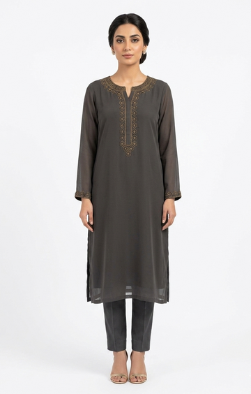 Charcoal Grey Georgette Kurta with Intricate Embroidered Neckline