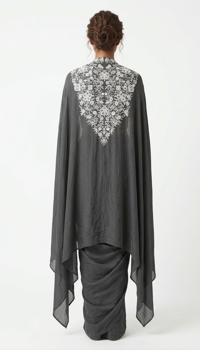 Elegant Charcoal Embroidered Cape Set