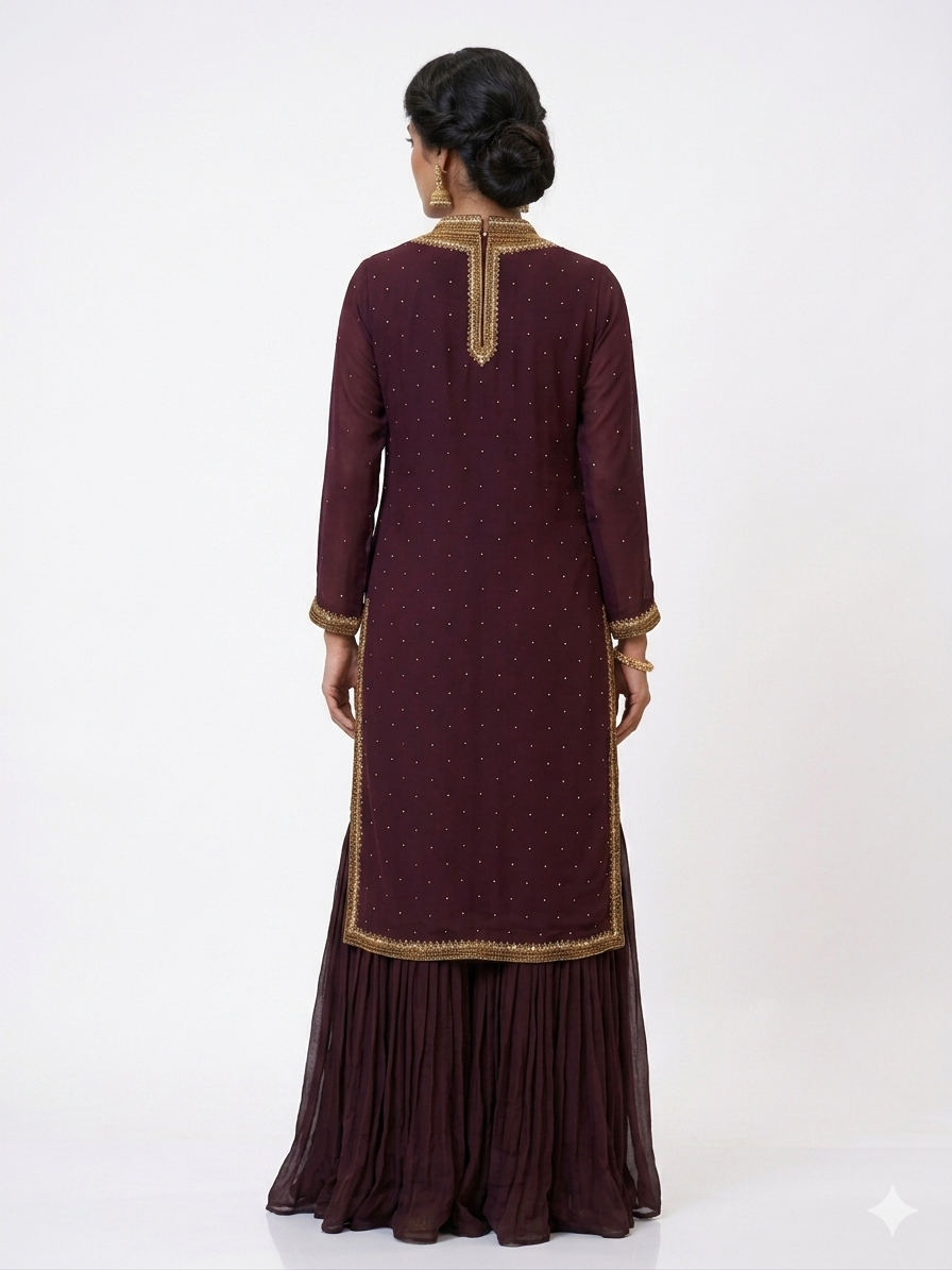 Zardozi-Embellished Plum Georgette Sharara Set