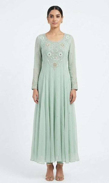 Seafoam Green Floor-Length Kalidaar Kurtis with Ornate Yoke