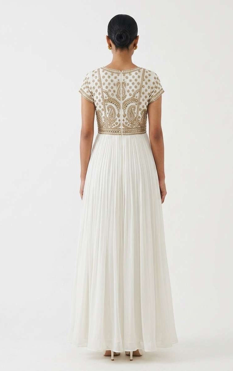 Off-White Empire-Waist Maxi Dress with Gold Zardozi Yoke