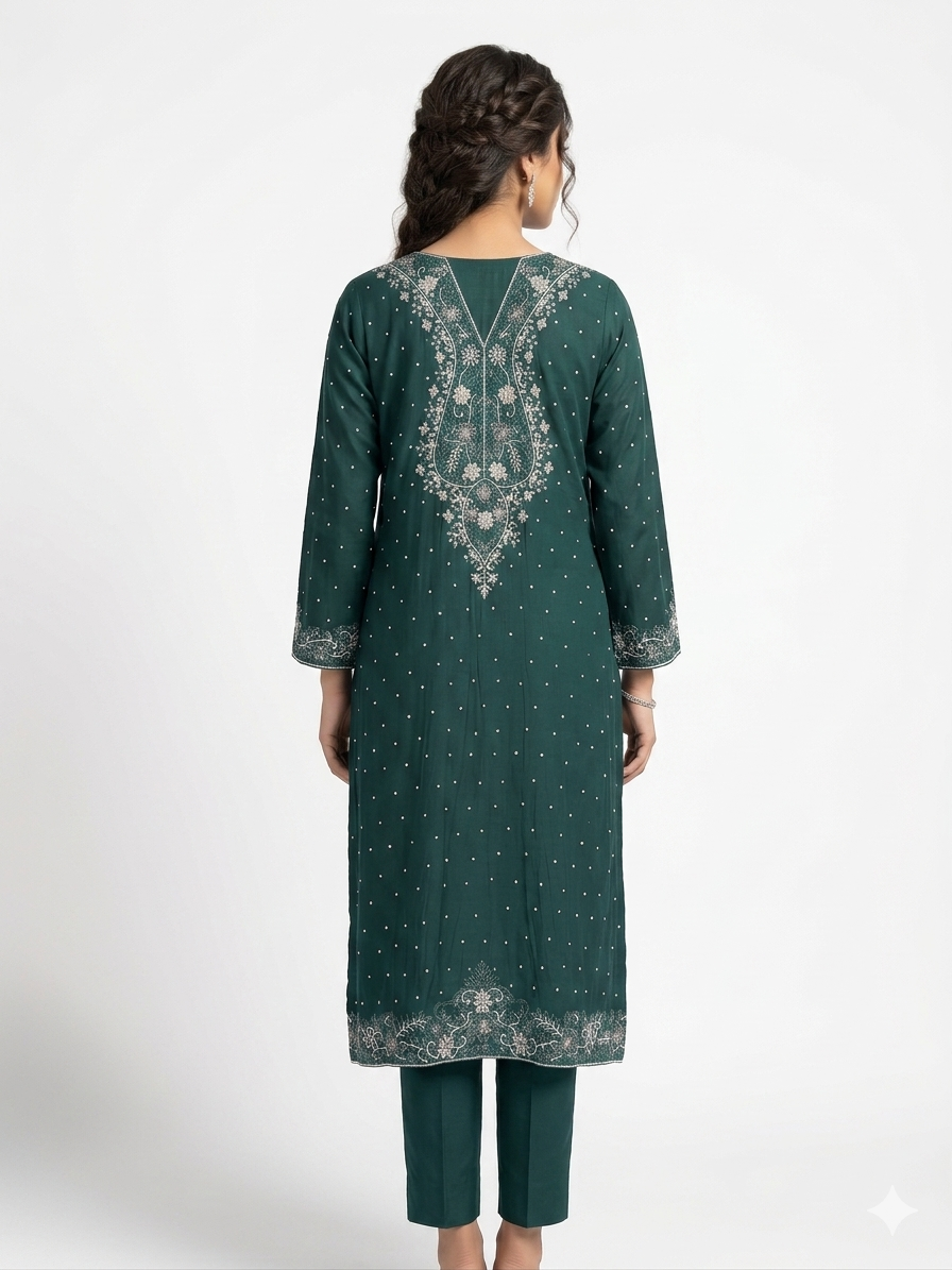 Deep Emerald Green Pearl-Embellished Festive Kurta Set