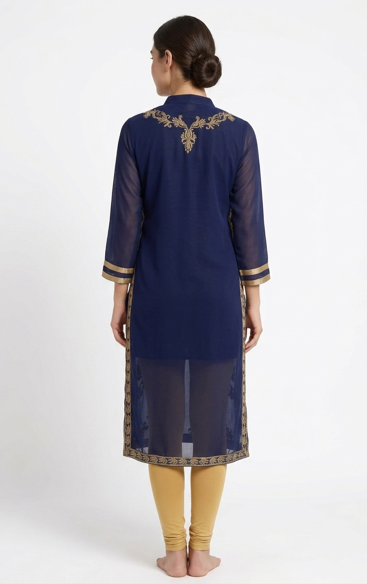 Women’s Navy Blue Georgette Kurta with Detailed Gold Zari Embroidery