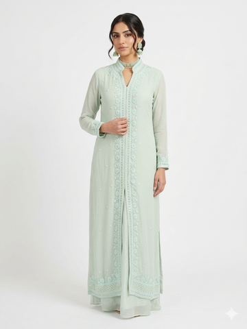 Serene Mint Embroidered Longline Tunic Set