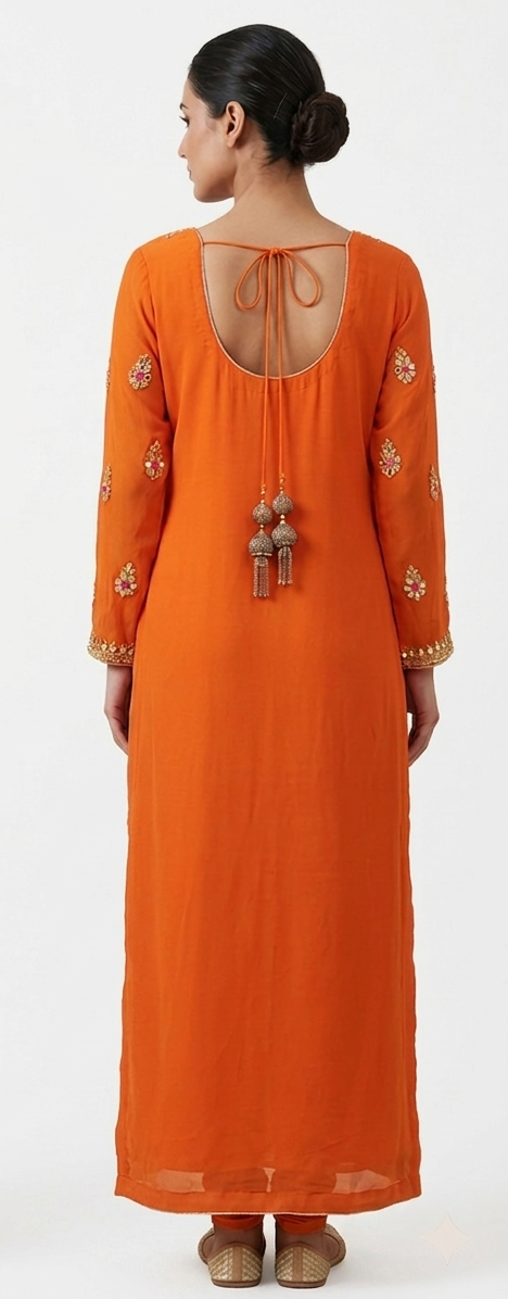 Zari & Gota Patti Embroidered Georgette Straight Kurta Set in Vibrant Amber Orange