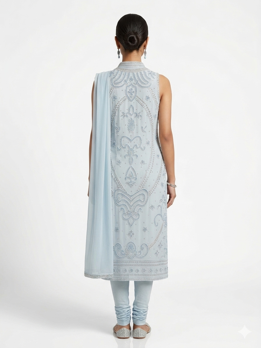 Powder Blue Embellished High-Neck Kurta & Churidar Set
