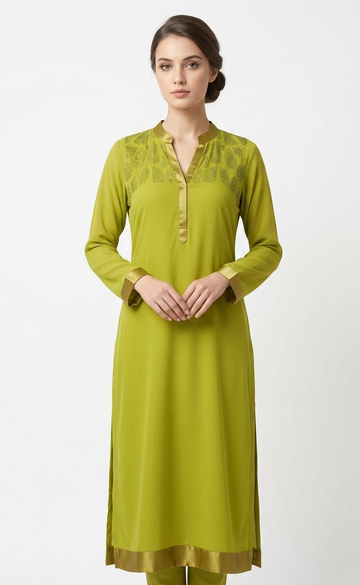 Elegant Lime Green Tunic with Gold Trim and Back Button Detail