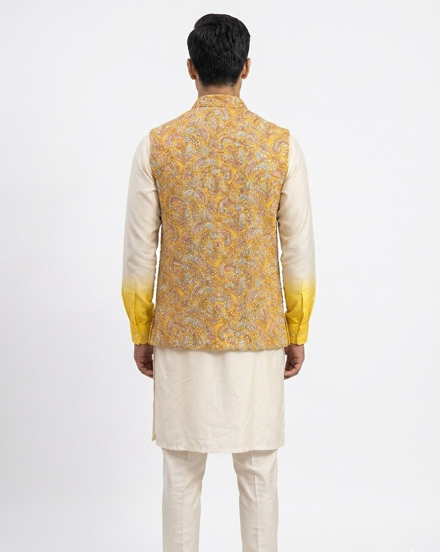 Men's Embroidered Ombré Kurta Set with Sadri Jacket