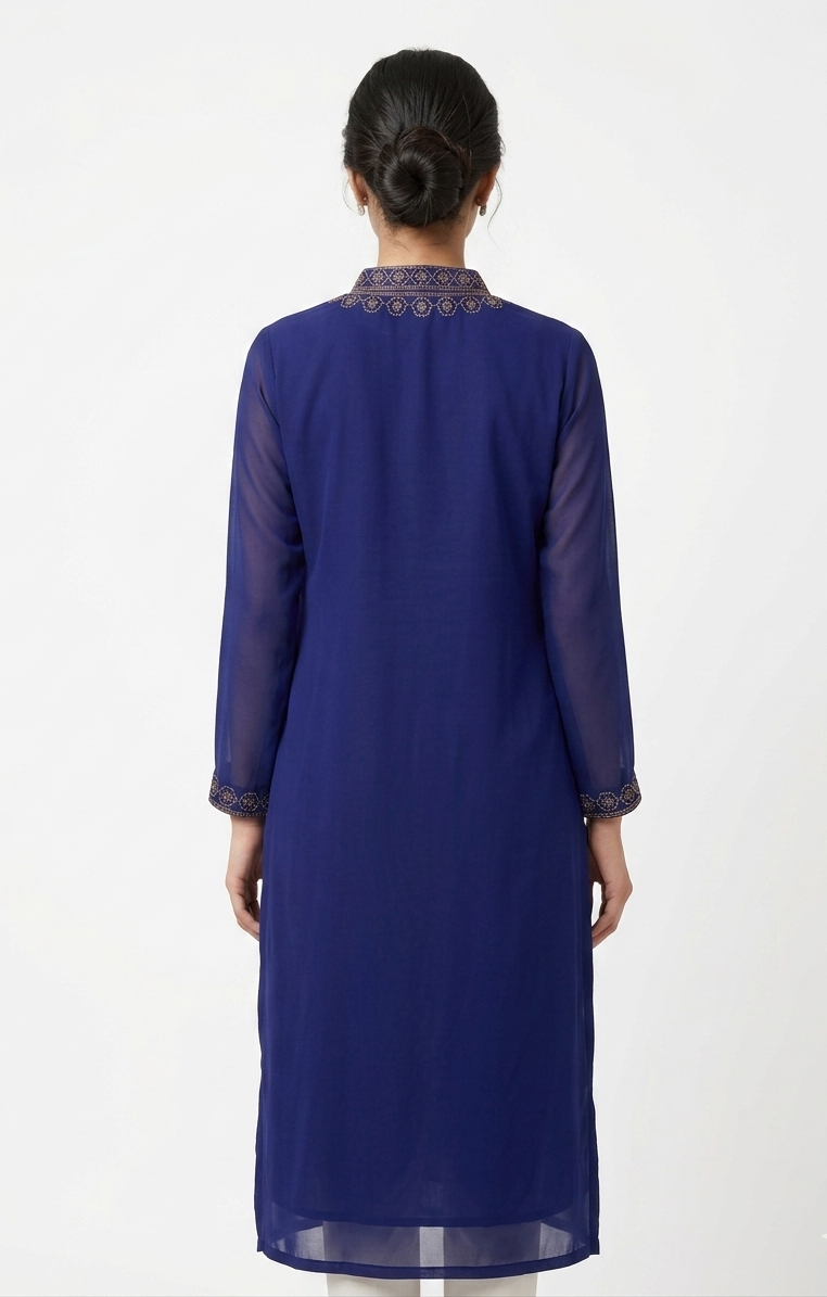 Royal Blue Georgette Straight Kurta with Geometric Embroidery