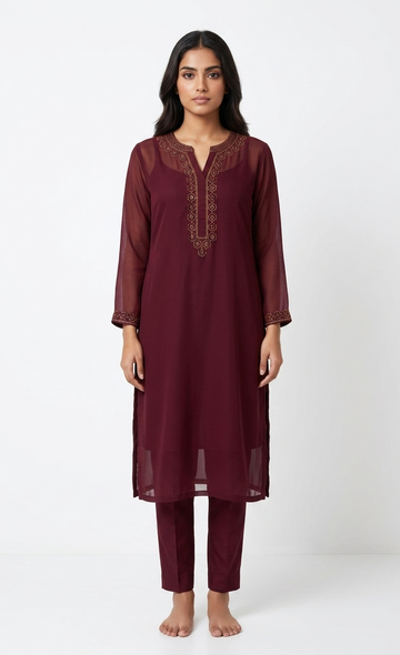 Regal Burgundy Georgette Straight Kurta Set with Geometric Neckline Embroidery