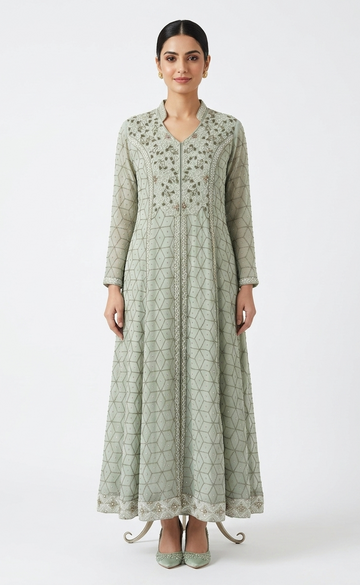 Elegant Sage Green Embellished Anarkali Gown