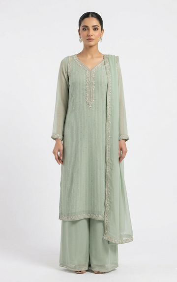 Pastel Mint Straight Tunic with Intricate Crystal Placket