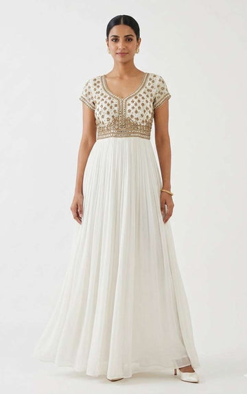 Off-White Empire-Waist Maxi Dress with Gold Zardozi Yoke