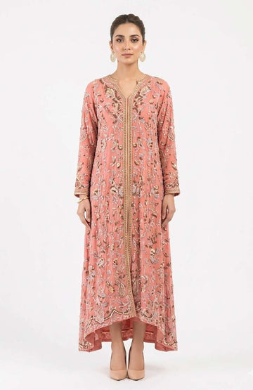 Coral Peach Georgette Front-Slit Gown with Metallic Zardozi