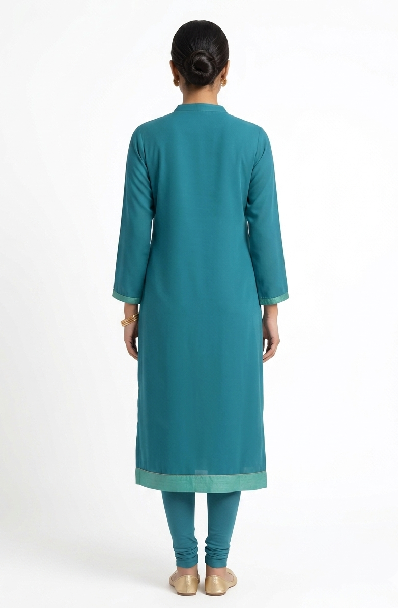 Women’s Teal Blue Crepe Kurta with Metallic Gold and Silver Floral Embroidery