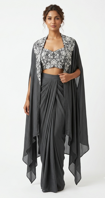 Elegant Charcoal Embroidered Cape Set