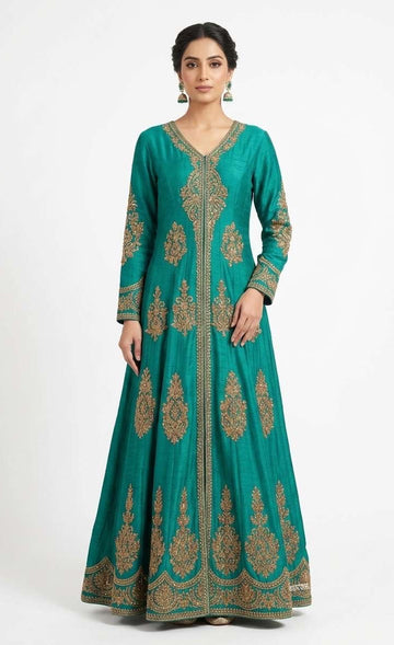 Royal Teal Zari Embroidered Front-Slit Gown