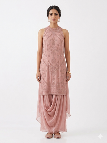 Blush Pink Embellished High-Neck Tunic & Draped Dhoti Set
