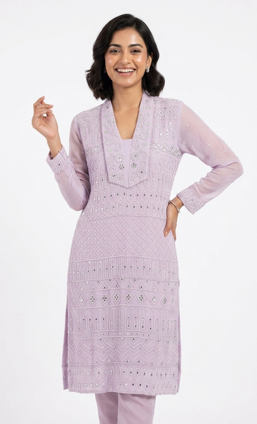 Elegant Lavender Georgette Chikankari Kurta Set with Mirror Work