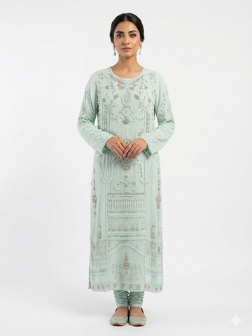 Mint Green Intricate Beadwork Kurta & Churidar Set