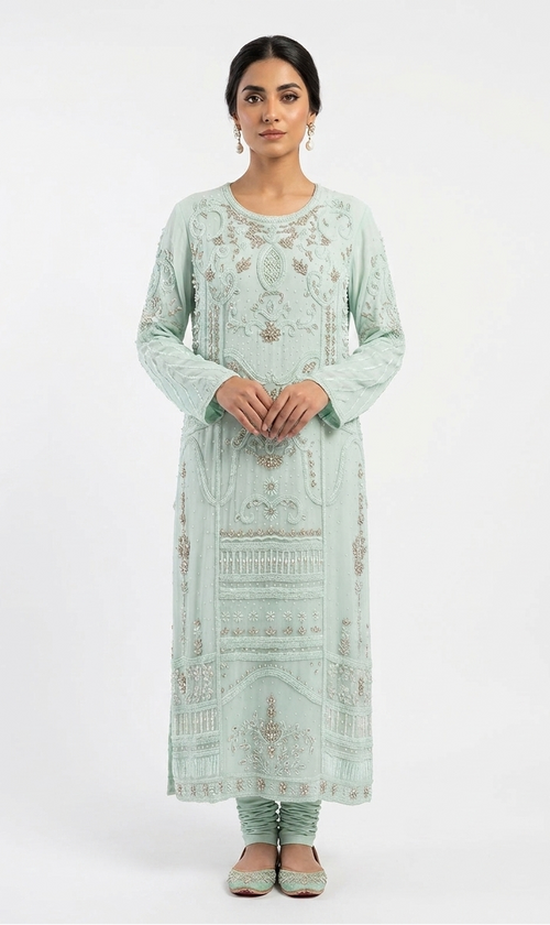 Mint Green Intricate Beadwork Kurta & Churidar Set