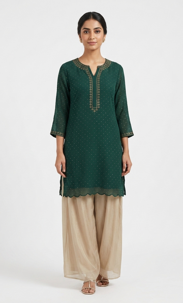 Chiffon & Silk Dotted Emerald Kurta