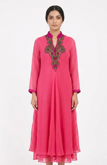 Fuchsia Pink Georgette Anarkali Kurta with Embroidered Neckline