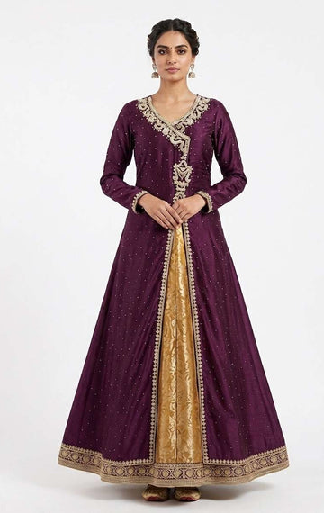 Deep Violet Silk Anarkali Gown with Brocade Panel