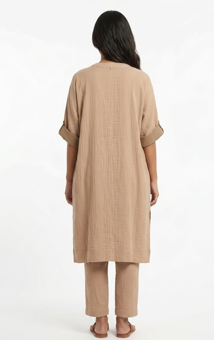 Minimalist Beige Slub-Cotton Loungewear Kurta Set