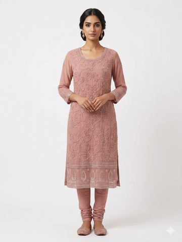 Dusty Rose Floral Embellished Kurta & Churidar Set