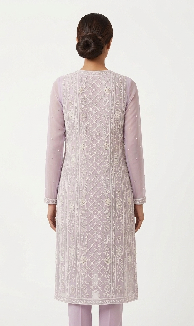 Lavender Blossom Embroidery Long Sheer Jacket and Trouser Set