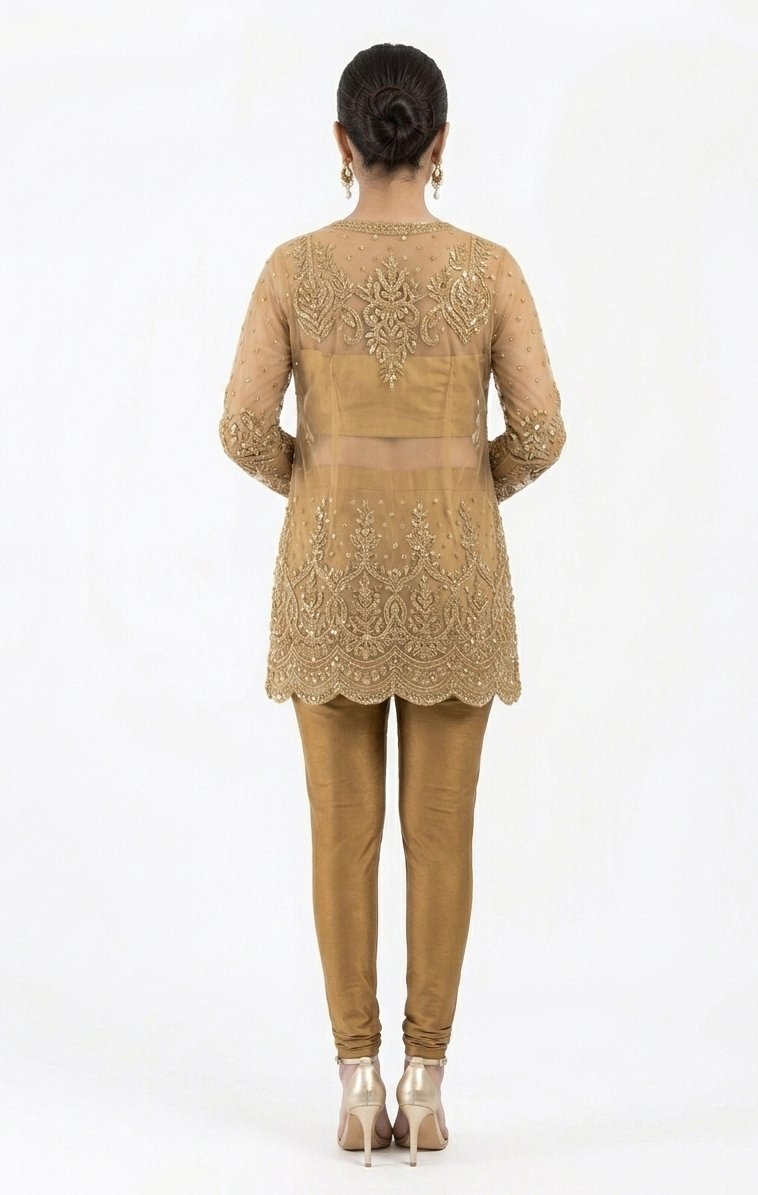 Women's Two-Piece Gold Sheer-Panel Heavily Embroidered Tunic and Leggings Set
