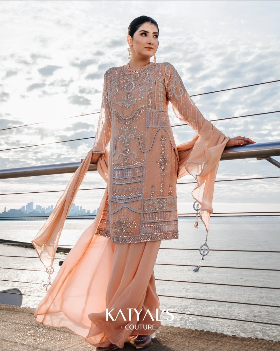 Peach Sharara Set | Peach Embroidered Suit | Katyals