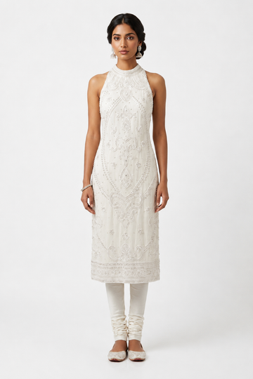 Ivory Ornamental High-Neck Embellished Kurta & Churidar Set